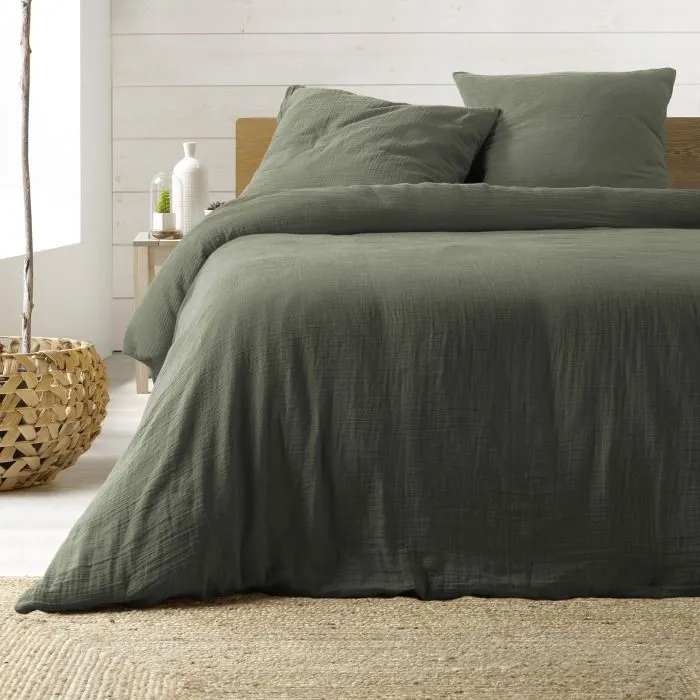 Parure de lit - ANGELIA - 3 pièces - 260 x 240 cm - Double gaze coton - Vert kaki-0