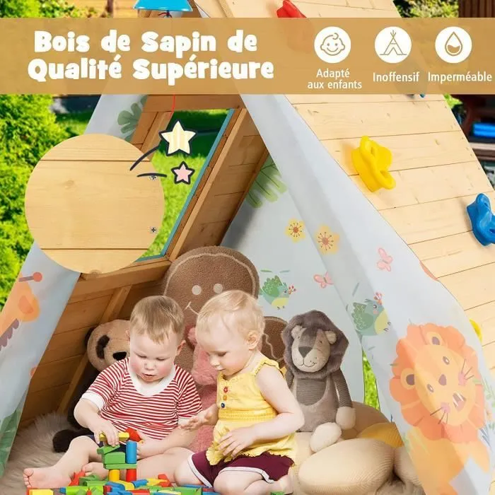 COSTWAY Maison de Jardin Enfants 2en1 avec Escalade, Cloche Imperméable Cabane en Bois de Sapin Exterieur et Intérieur 3 - 8 Ans-2