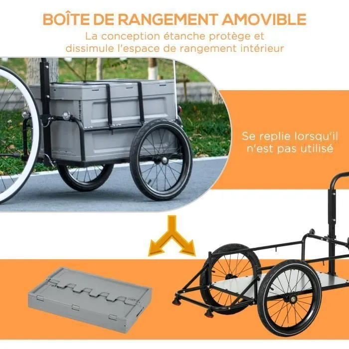 Remorque chariot à vélo avec coffre de rangement amovible pliable 65L-2