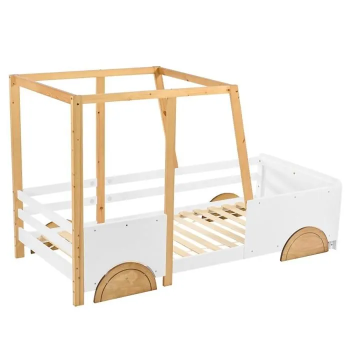 Lit d'enfant, lit voiture avec roues en MDF, cadre en pin, blanc + naturel, 90x200 cm-4