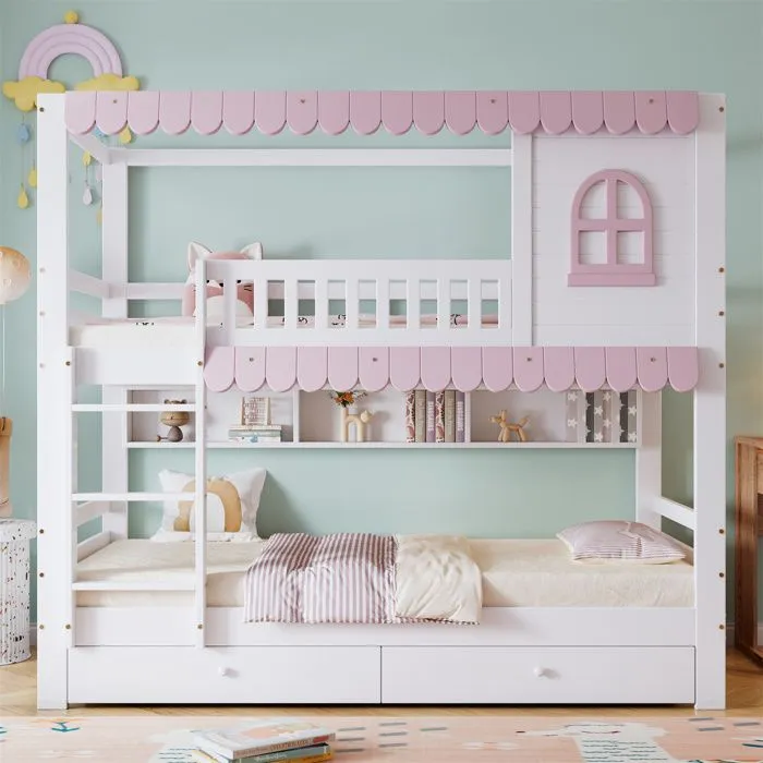 Lit superposé - Enfant - 90x200cm - Blanc + Rose - 2 tiroirs - Étagère ouverte-1