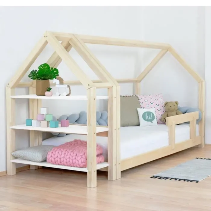 Lit cabane en bois TERY avec étagère 120 x 200 naturel et blanc - GENERIQUE - Enfant - A lattes - Bois massif-1