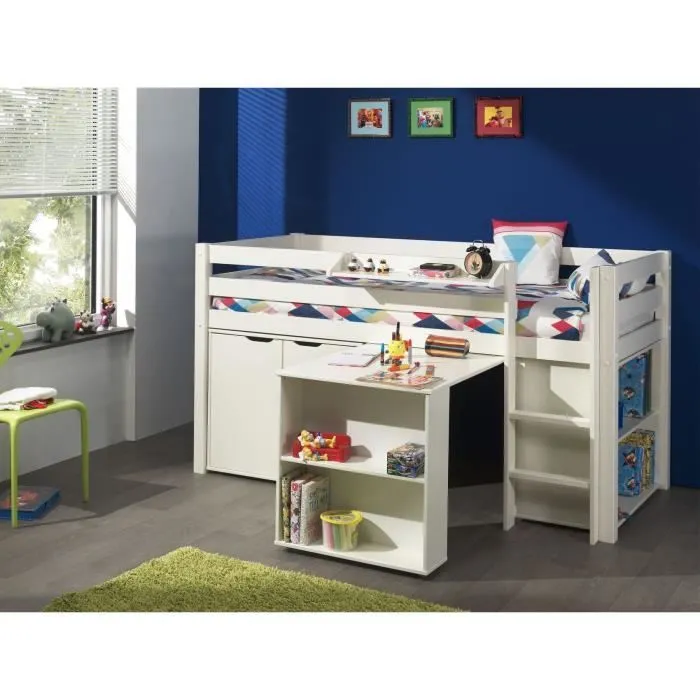 Lit combiné enfant avec bureau, commode et étagère en pin massif - VIPACK-0