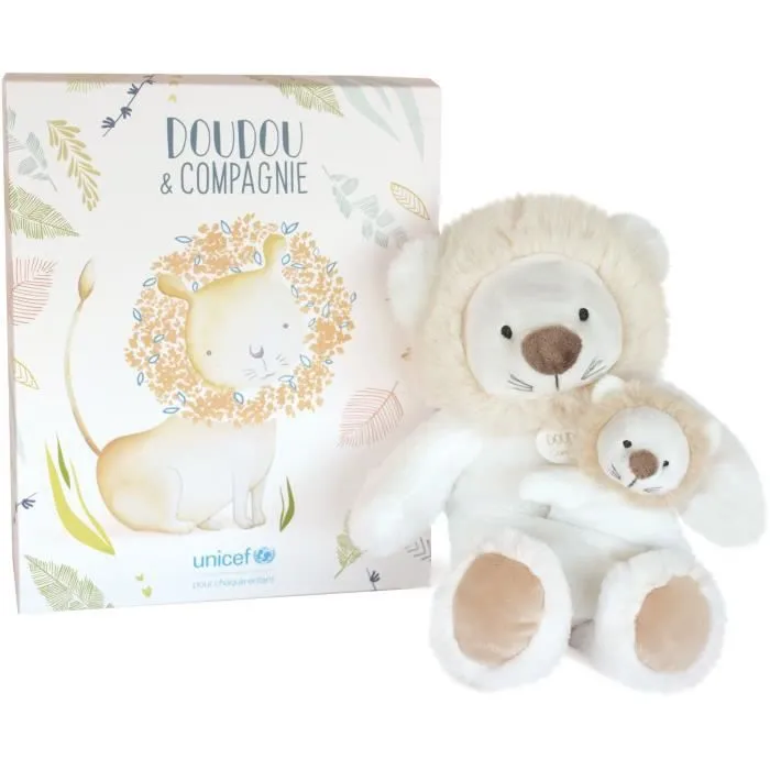 Doudou et Compagnie -UNICEF BEBE et MOI - Lion - 25 cm - Beige - Boite cadeau - DC3792-0