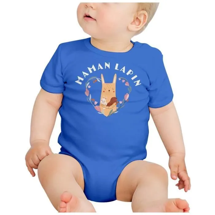 Body Bébé Manche Courte Bleu Maman Lapin et ses Bébés Dessin Illustration-1