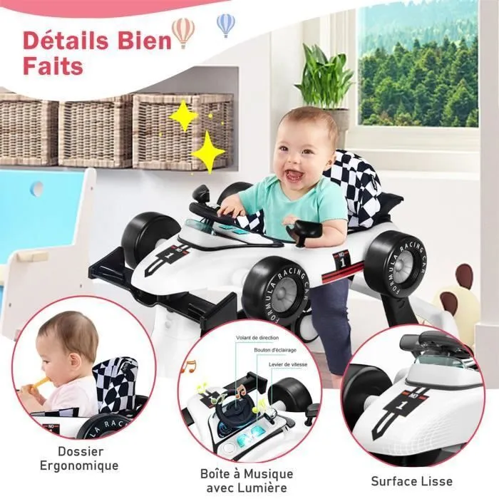 COSTWAY Trotteur Bébé Pliable Musical 4 en 1 Apparence de Voiture Pousseur Hauteur et Vitesse Réglables avec Lumière Volant Blanc-2
