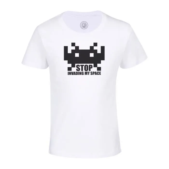 T-shirt Enfant Blanc Stop Invading My Space Parodie Jeux Video Retro Gaming Arcade-0