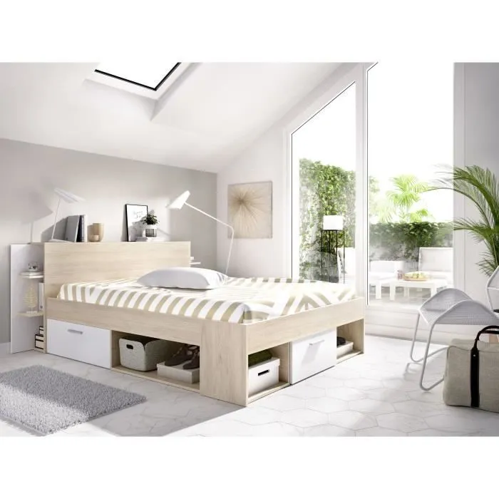 SAX Lit adulte - 140x190 cm - 3 tiroirs + Tête de lit avec rangement - Décor chêne et blanc-1