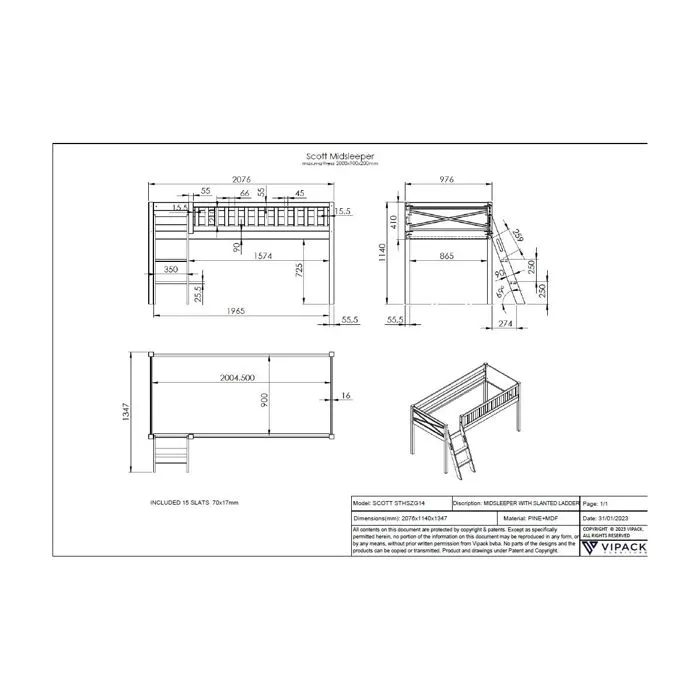 Lit Mezzanine Enfant - Vipack - Scott - Bois Massif - Blanc - 1 Place - Rangement-2