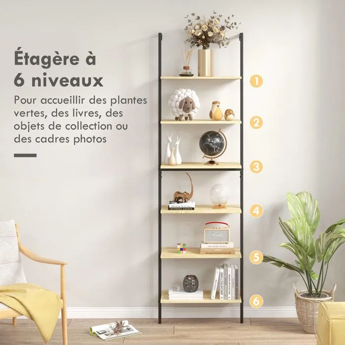 Étagère échelle bibliothèque style industriel H206 cm 6 étagères acier noir panneaux aspect bois clair-5