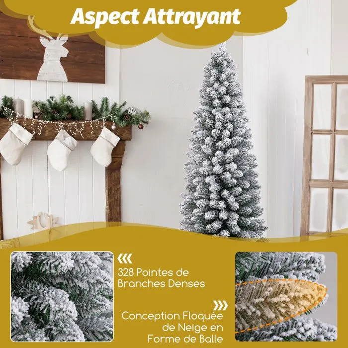 Sapin de Noël Artificiel 150 cm COSTWAY, Floqué de Neige, Support en Métal Pliable, 328 Branches, Forme Fine, pour Petits Espaces-1