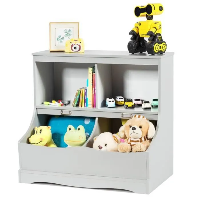 COSTWAY Meuble de Rangement Enfant pour Jouets, 67 X40X62 cm, 4 Compartiments de Stockage, Coin Arrondis & Surface Lisse, Gris-0