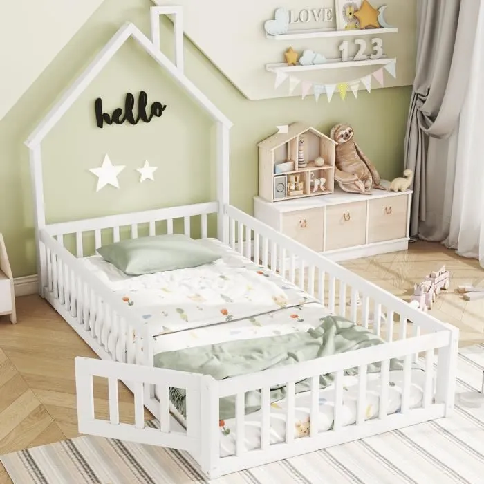 Lit cabane enfant 90x200cm - lit en forme de cheminée avec sommier à lattes - bois de pin, blanc-0