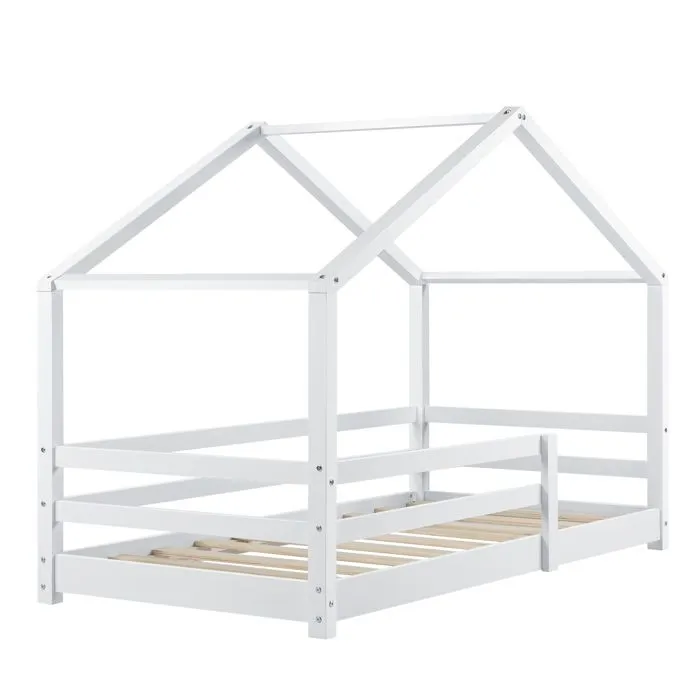 Lit Cabane Knätten avec Grille de Protection et Matelas Mousse à Froid 200 x 90 cm Blanc-2