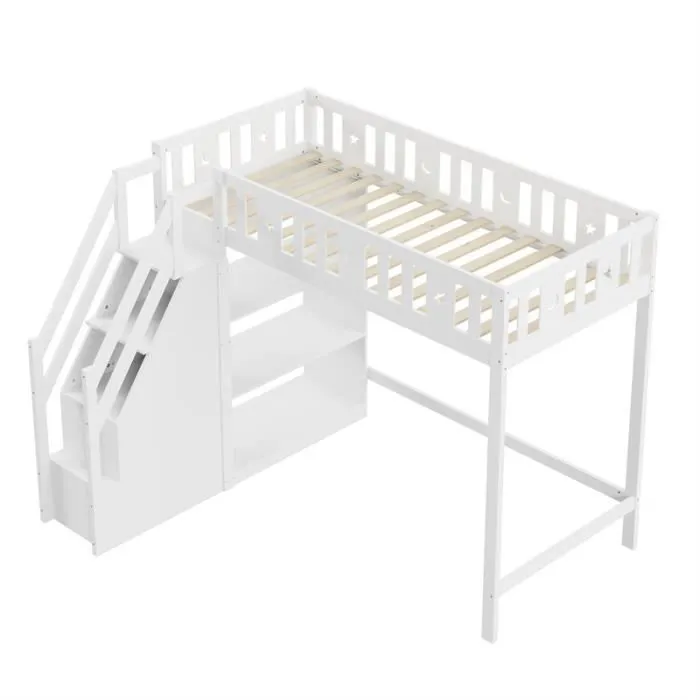 Lit mezzanine - DREAMMESPACE - 90x200 cm - Bois massif - Blanc - Échelle avec tiroirs de rangement-2