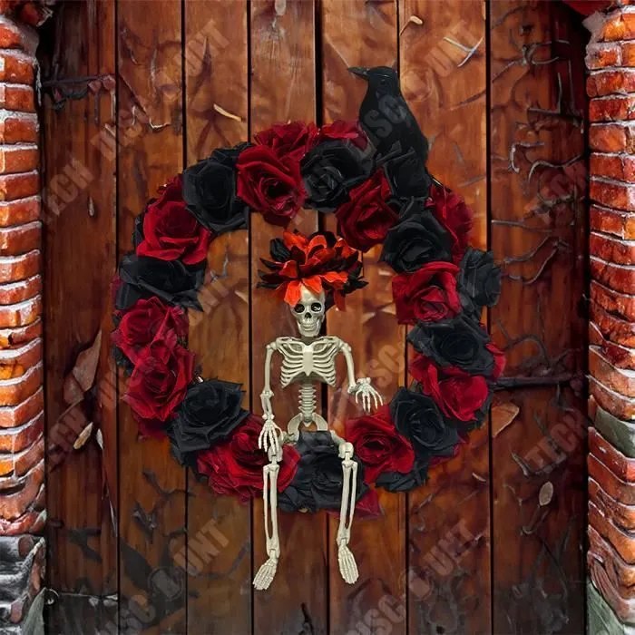 TD® Couronne de Squelette Halloween 43*43cm Squelette Squelette Décoration de fête d'Halloween Suspension de porte Halloween-1