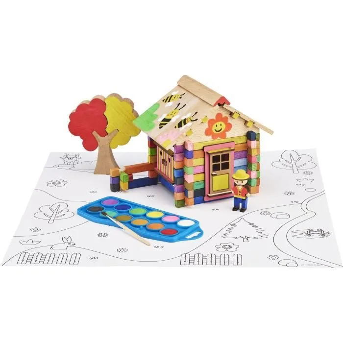 Chalet à Peindre 85 Pièces - JEUJURA - Jeu de Construction en Bois Naturel, Accessoires et Peinture Inclus, 26x24x9 cm-0