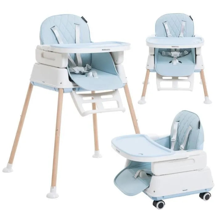 BEBELISSIMO  - Chaise Haute Bébé Evolutive - Réglable - dès 6 mois jusqu’à 20kg – 5 modes - bleu claire-0