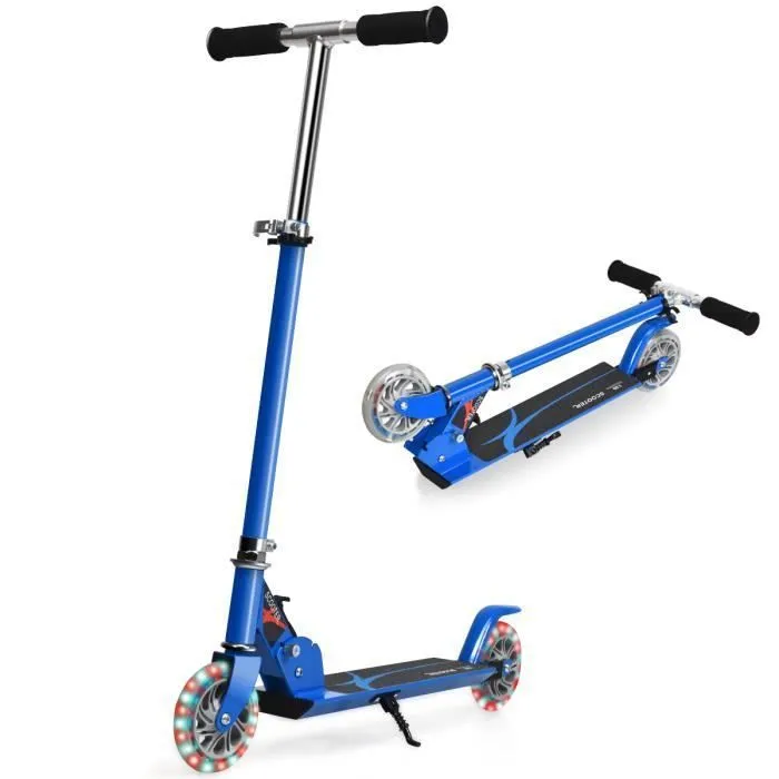 COSTWAY Trottinette Enfant Pliable 2 Roues LED Clignotantes Hauteur Ajustable Charge Max 70kg Enfant de 4 à 13 Ans Patinette Bleu-0