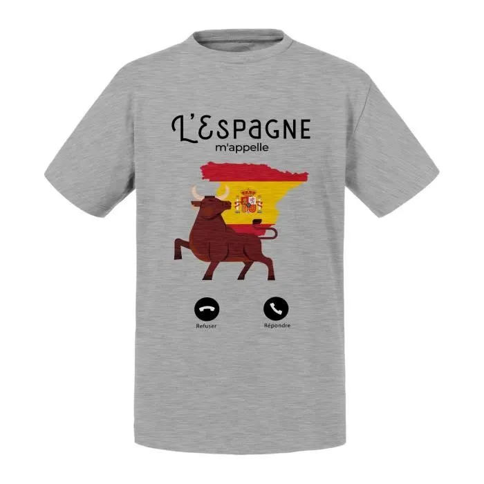 T-shirt Enfant Gris L'Espagne M'Appelle Drapeau Taureau Corrida-0