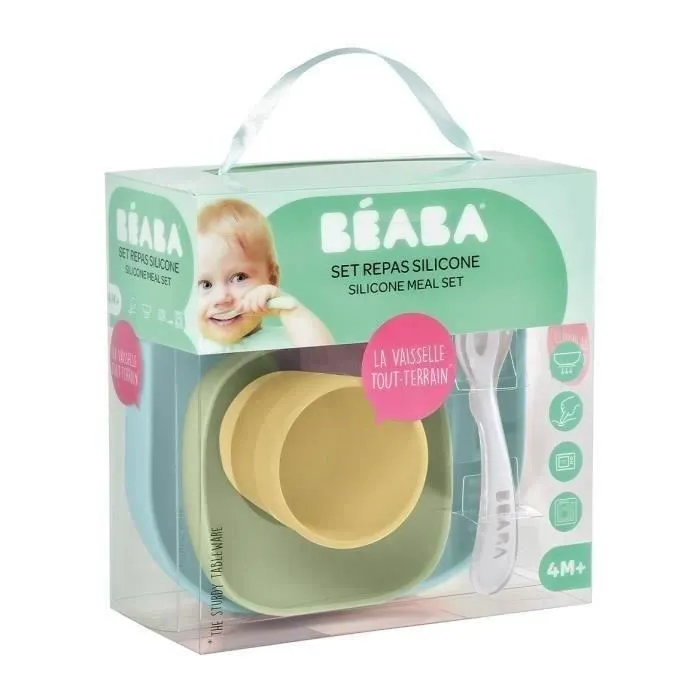 BEABA Set vaisselle silicone repas bébé, 4 pièces, avec ventouse, anti-dérapant, jaune-3