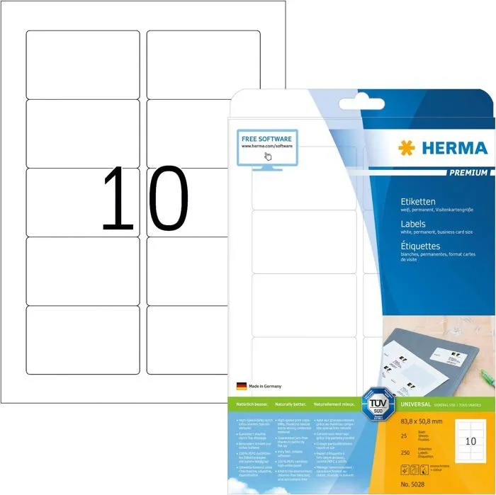 Gommette Herma - 5028 - Etiquettes 83,8 x 50,8 Premium A4 250 pieces Blanc-0