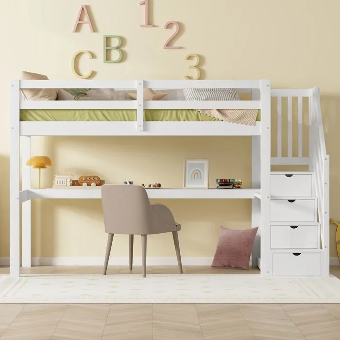 Lit mezzanine - Blanc - 90x200cm - Bureau intégré - Escalier avec rangement - 1 place-1