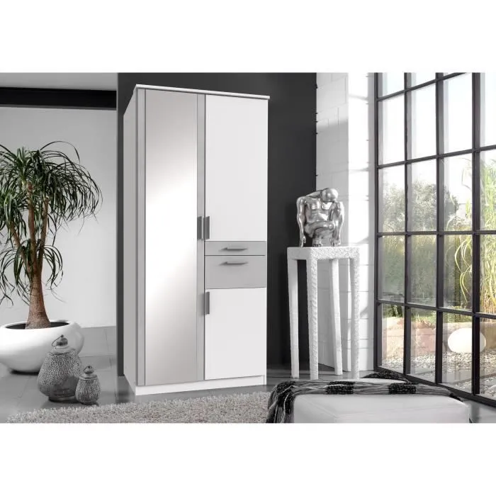 Armoire Décor Blanc & béton gris - 3 portes battantes - Miroir - 2 tiroirs - L90 x P58 x H199 cm - VOLOS-1