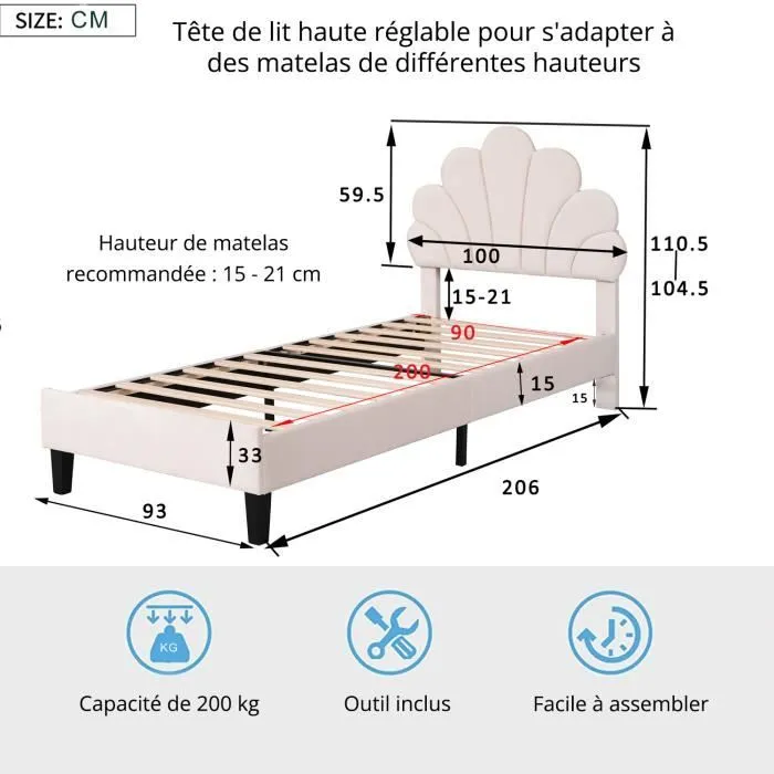 Lit simple scandinave 90x200 cm Lit rembourré avec tête de lit en forme de fleur et sommier à lattes, en velours, beige-3