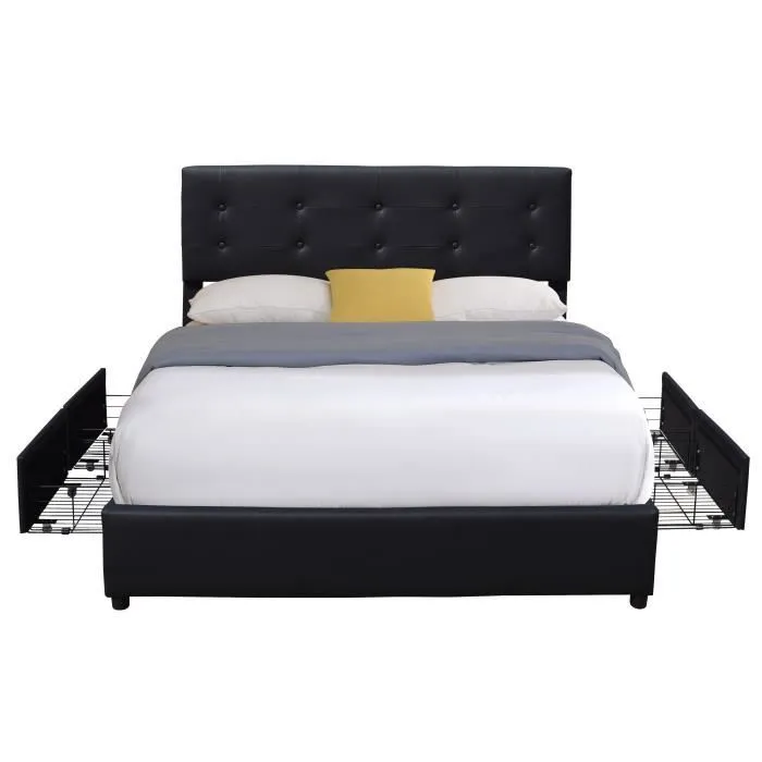 chloe - Solide et Confortable Lit 120x190 avec Sommier avec 4 tiroirs Tete de lit Couleur NOIR Pieds en 4 cm - 2 x-2