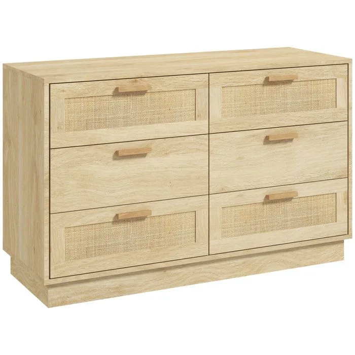 Commode design bohème en rotin - HOMCOM - 6 tiroirs - meuble de rangement - chêne-0
