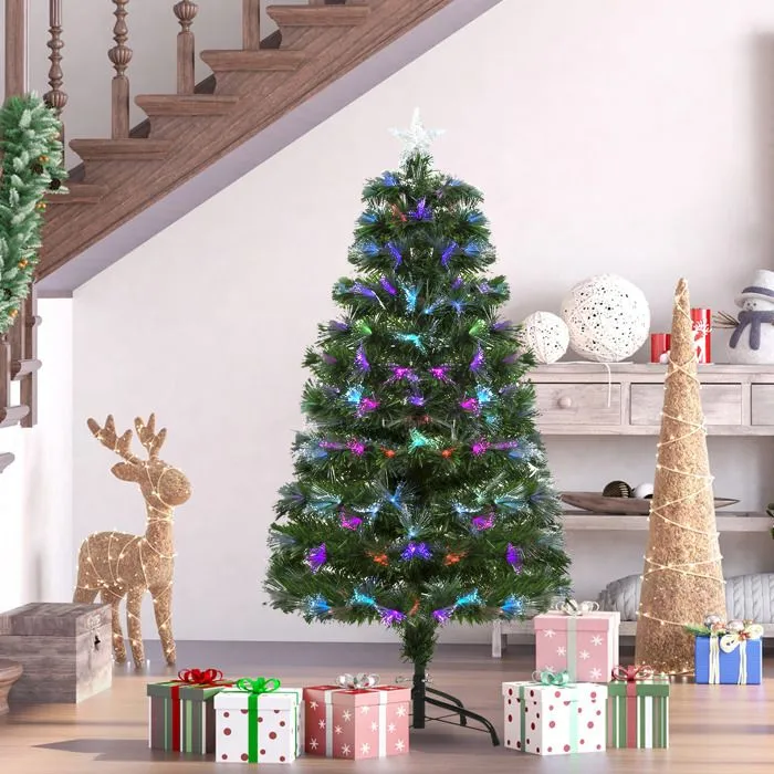 HOMCOM Sapin de Noël Artificiel Arbre de Noël Lumineux 120cm en Fibre Optique Deco Noël lumière à Variation de Couleurs 130 LED-1