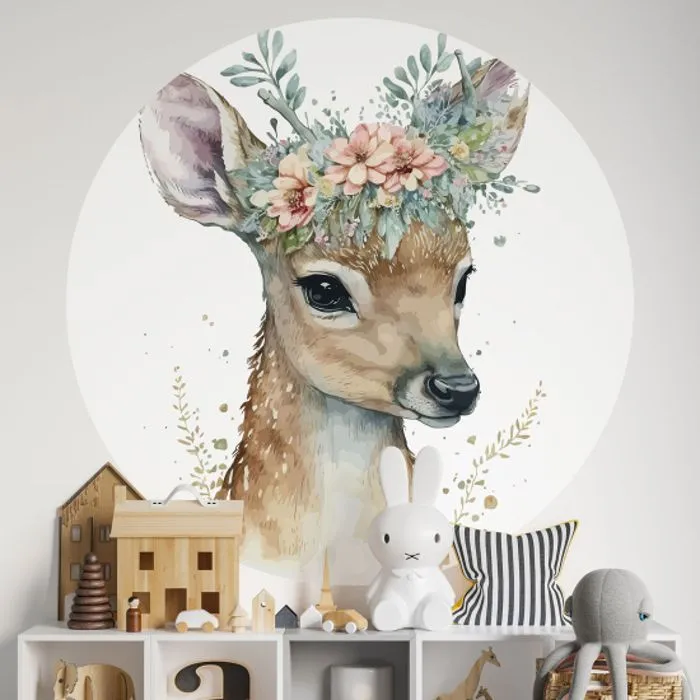 Sticker mural rond - Biche - Adhésif MAT - Diamètre 30 cm - Décoration murale - Enfants-0