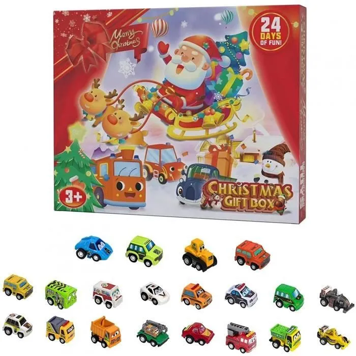 Calendrier de l'Avent de Noël 2021, Calendrier de compte à rebours de Noël 24 jours Jouets de voiture surprise de Noël pour enfants-0