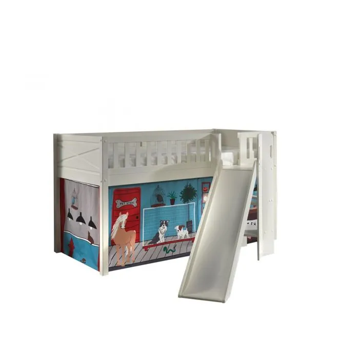Lit Mezzanine Toboggan et Rideau Pet Shop - VIPACK - Scott - 1 place - 90x200 cm - Bois massif-0