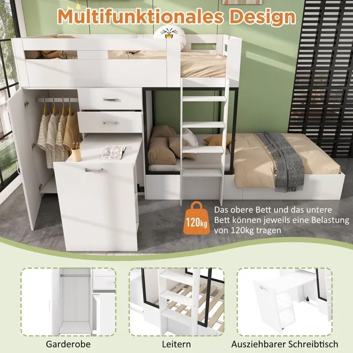 Lit superposé multifonctionnel - Blanc - 90x200 cm - Avec tiroirs - Style scandinave - 2 places-3