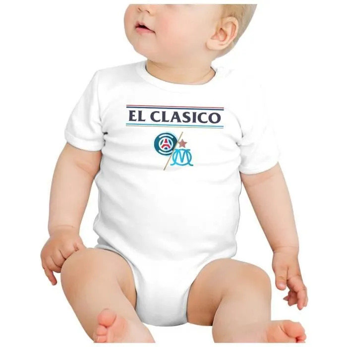 Body Bébé Manche Courte Blanc El Clasico Paris Marseille Sport Foot Ballon-1