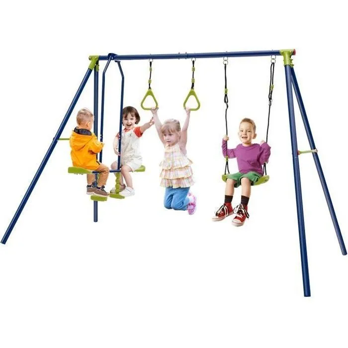 COSTWAY Portique avec Balançoire, 1 Face à Face et 2 Anneaux de Gymnastique en Métal Cadre en Forme de A Charge 200kg 3-10 Ans-0