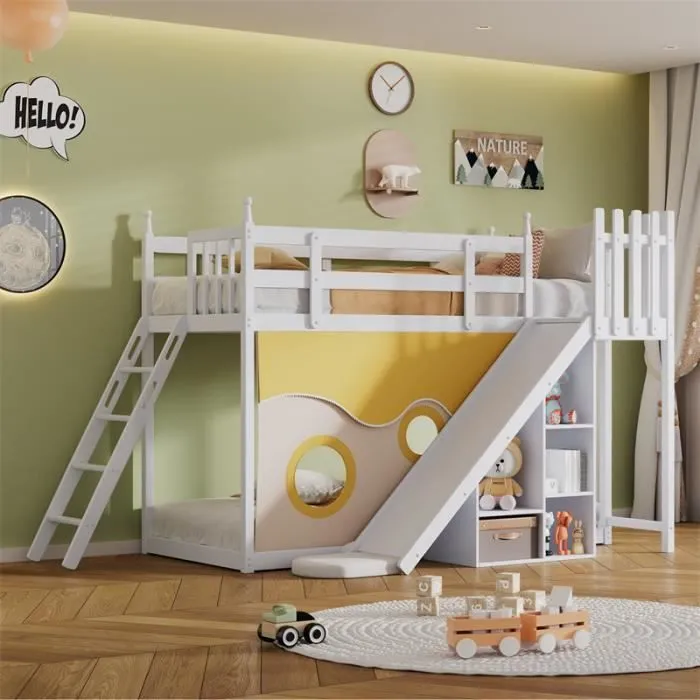 Lit superposé - Blanc - 90x200cm - Bois massif - Escalier - Toboggan-0