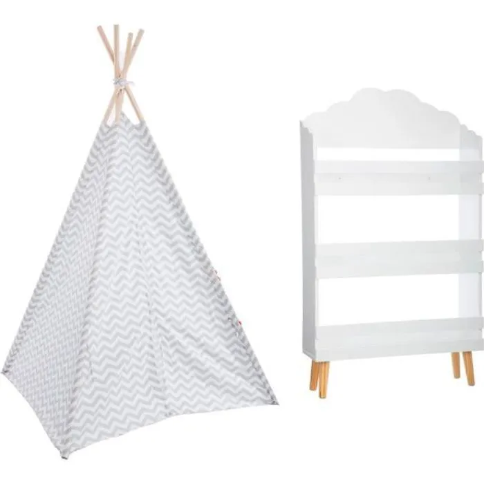 Bibliothèque nuage blanc 3 étagères + Tipi décoration gris H160 pour enfant-0