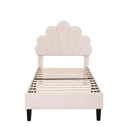 Lit d'enfant - cadre de lit avec tête de lit en forme de fleur et sommier à lattes, len velours doux pour la peau, beige,90 x 200 cm-1