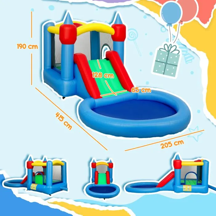 Château gonflable 4 en 1 - AIYAPLAY - toboggan, panier de basket, piscine à balles - souffleur 370W - 415 x 205 x 190 cm-3