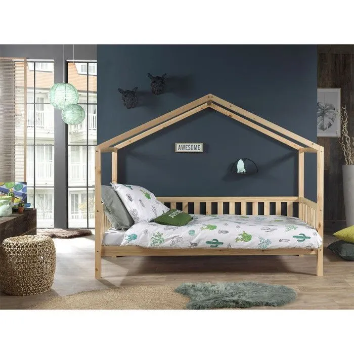 Pack - Lit Enfant Cabane & Matelas "Dallas II" 90x200cm Naturel-4