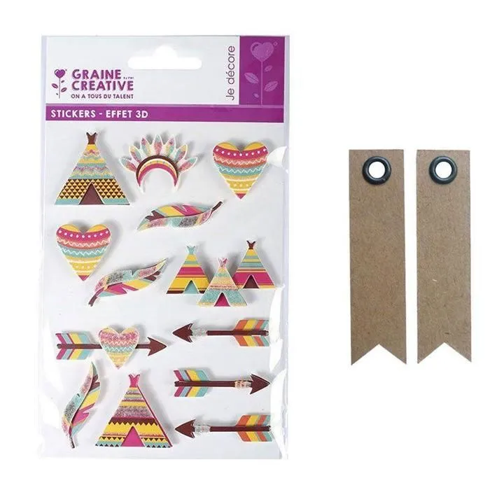 13 stickers 3D Indiens 5 cm + 20 étiquettes kraft Fanion-0