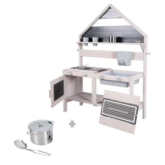 ROBA Jeu Cuisine Enfant en Forme de Maison pour Extérieur - Jouet d'Imitation avec Accessoires - Bois Massif Gris-0