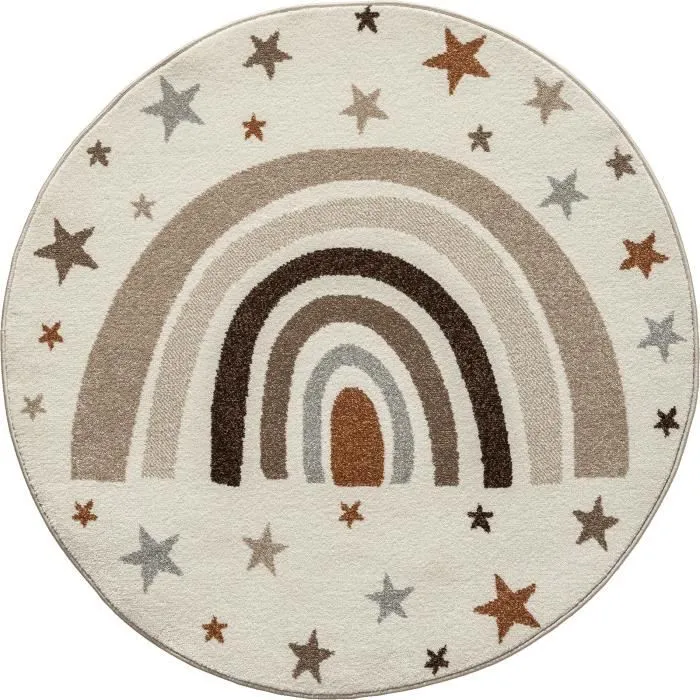 Tapis moderne doux pour enfants | Motif arc-en-ciel en crème 120x120 rond | Chambres de filles et de garçons - The Carpet SOUND-1