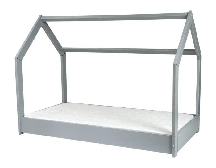 Lit pour enfant maison 2-en-1 Avec matelas : Cabane Ludique en Bois Naturel 160x80 cm - Gris-0