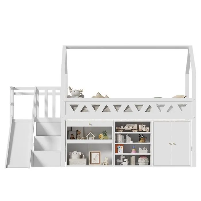 Lit mezzanine - Blanc - 90x200 cm - avec toboggan et escalier - rangement intégré - bois massif-4