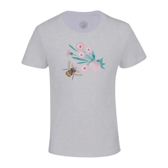 T-shirt Enfant Gris Dessin Abeille et Fleur Fait Main Art Illustration Minimalisme-0