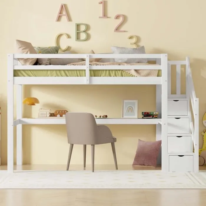 ModernLuxe Lit mezzanine 90x200cm, lit enfant avec escalier de rangement et bureau, sommier à lattes, cadre en pin, blanc-3